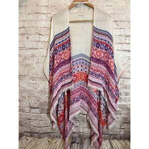 Ecote Top Womens One Size Wrap Drape Shawl Pink & Coral Aztec Fringe Open Front